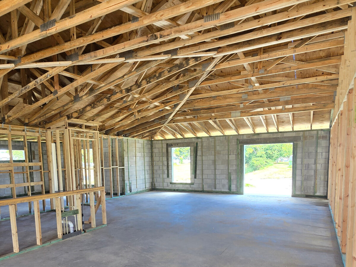 Interior view of completed framing and trusses