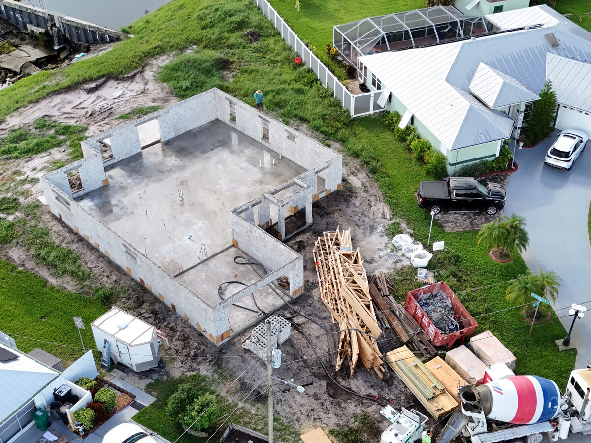 Aerial view of CMU walls being filled with concrete