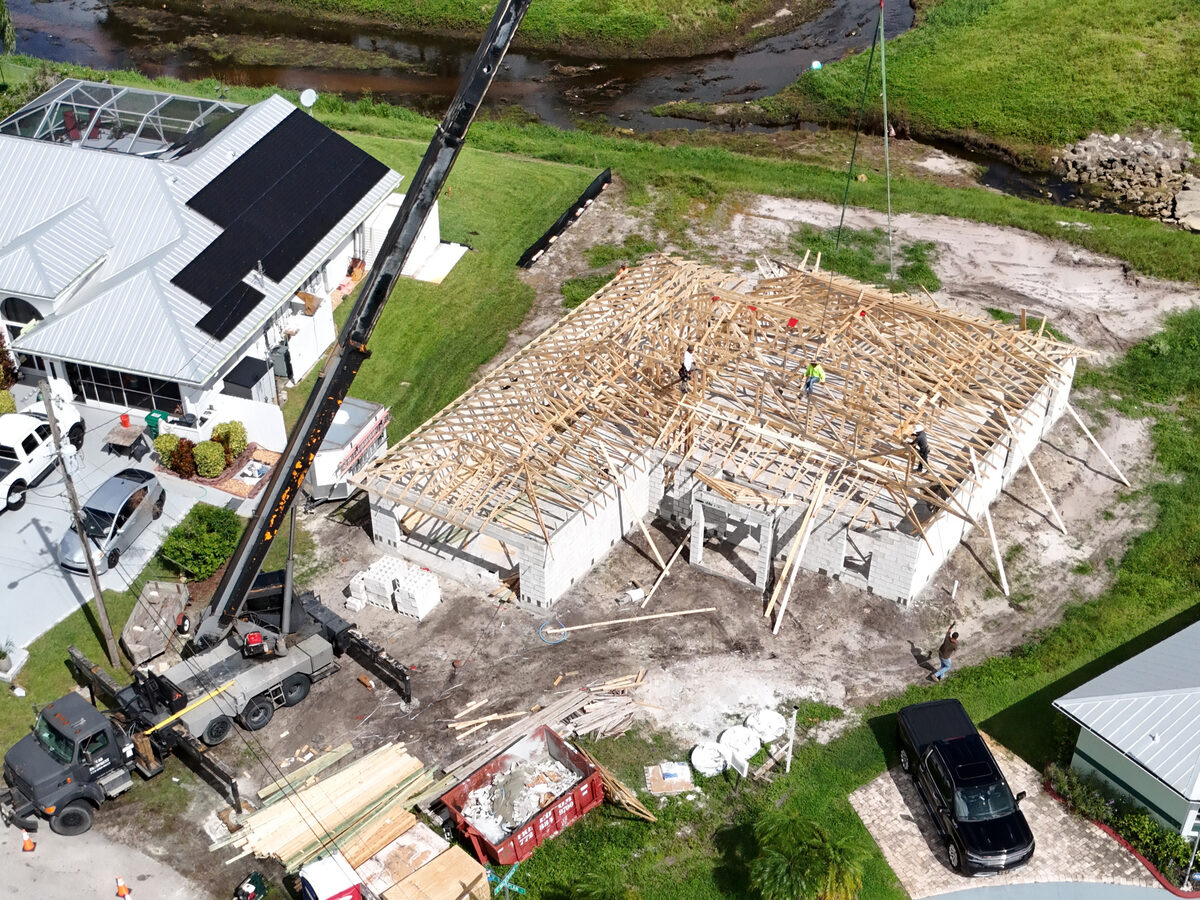 All trusses installed - aerial drone view