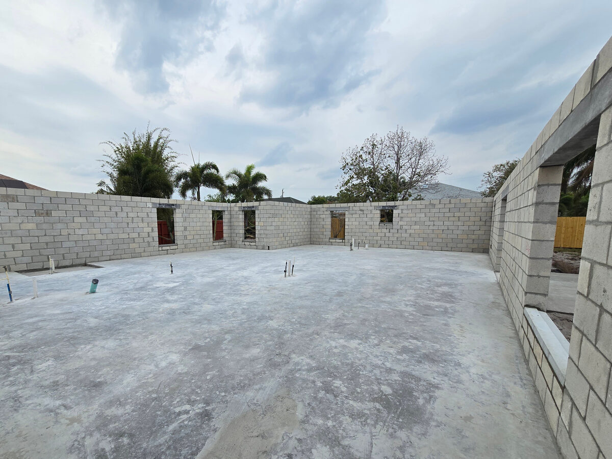 Completed block walls with door and window openings