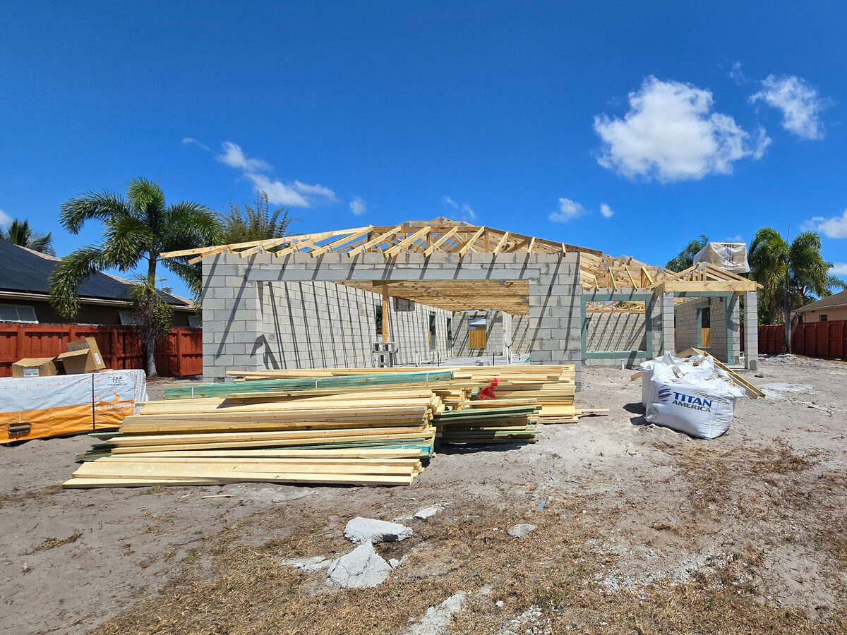 All trusses installed — aerial view of roof framing