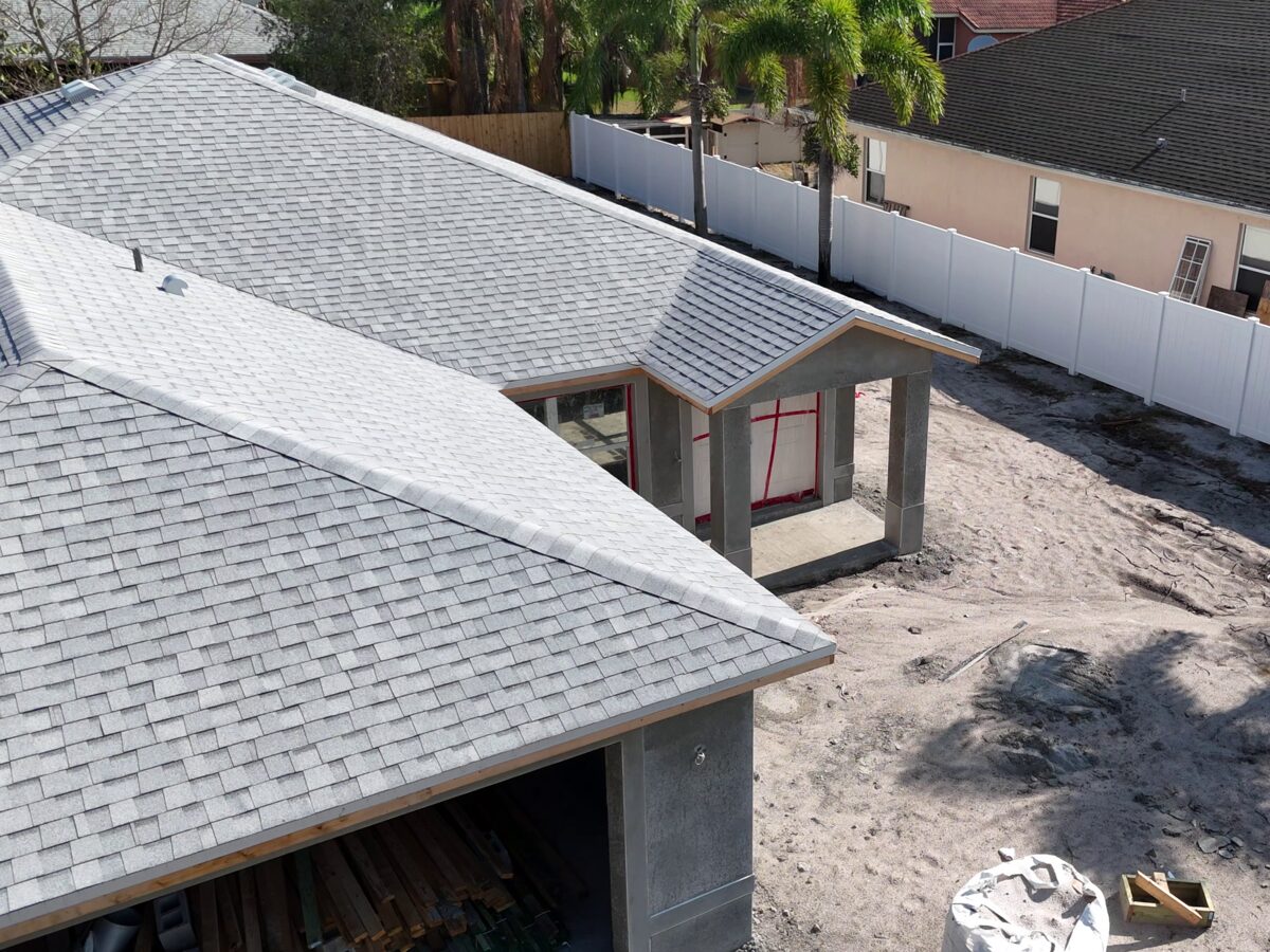 Aerial drone view — architectural shingles fully installed