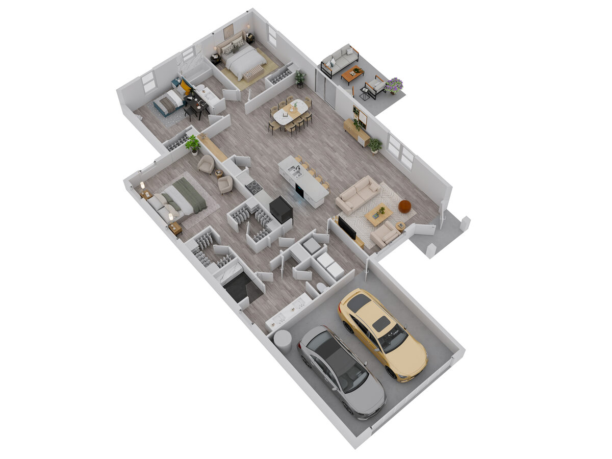 Model B 3D floor plan — left garage configuration