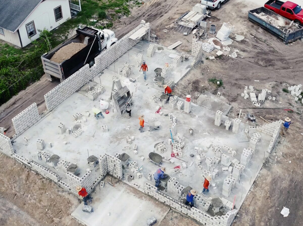 Block walls with rebar visible in cells before concrete fill