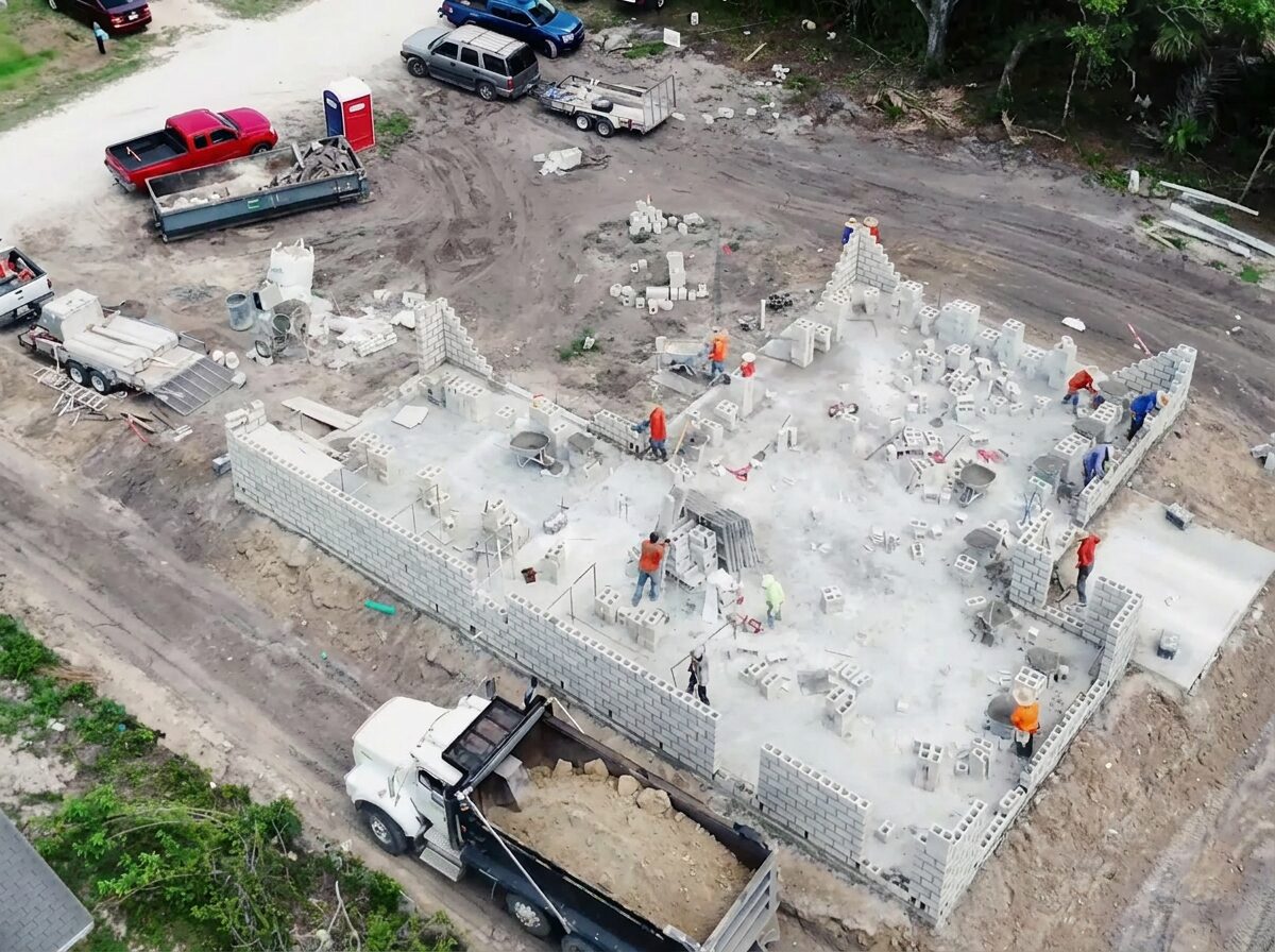 Close-up of rebar placement inside CMU block cells