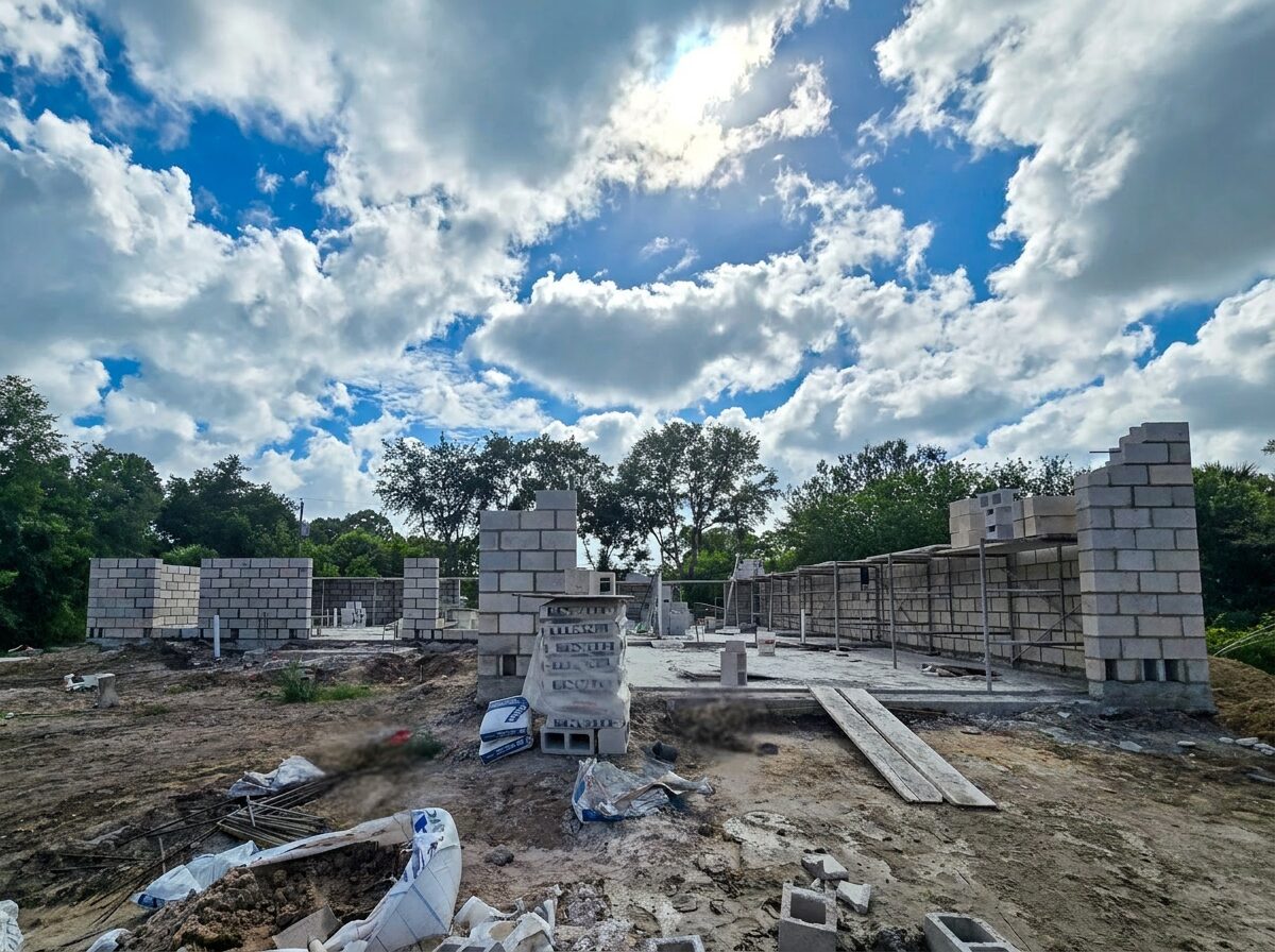 Completed block walls with window and door openings