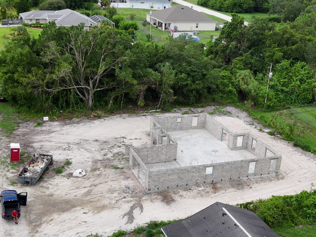 Aerial drone view of completed block wall structure