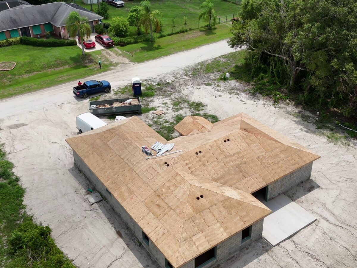 Aerial view of trusses installed on the structure