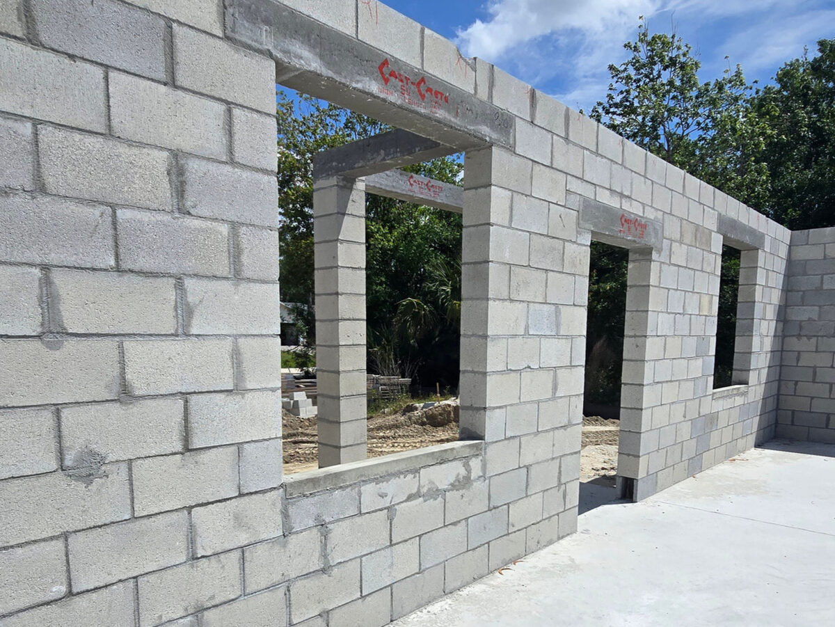 Exterior side view of completed block walls with lintels