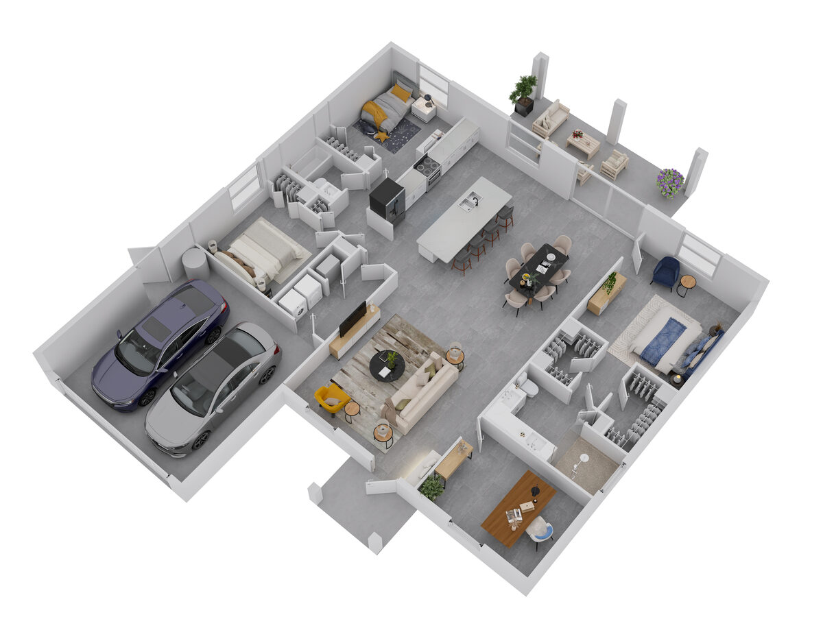 Model D 3D floor plan — left garage configuration